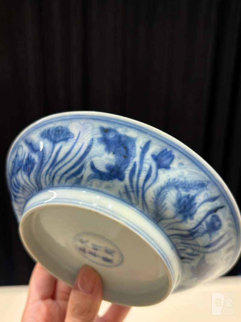 明成化 青花海水鱼藻纹盘 - 图7